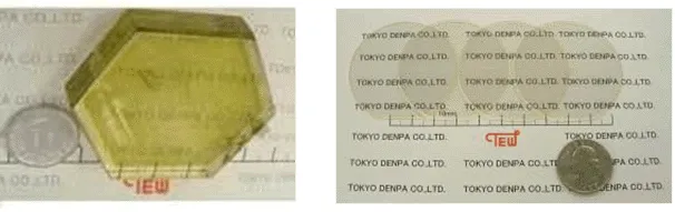 Photographs of large ZnO single crystals used for spin coherence studies. The left image shows a yellow hexagonal ZnO crystal beside a coin for scale, while the right image shows a transparent ZnO wafer labeled by Tokyo Denpa Co. Ltd. next to a coin, illustrating the size and optical quality of bulk ZnO materials.