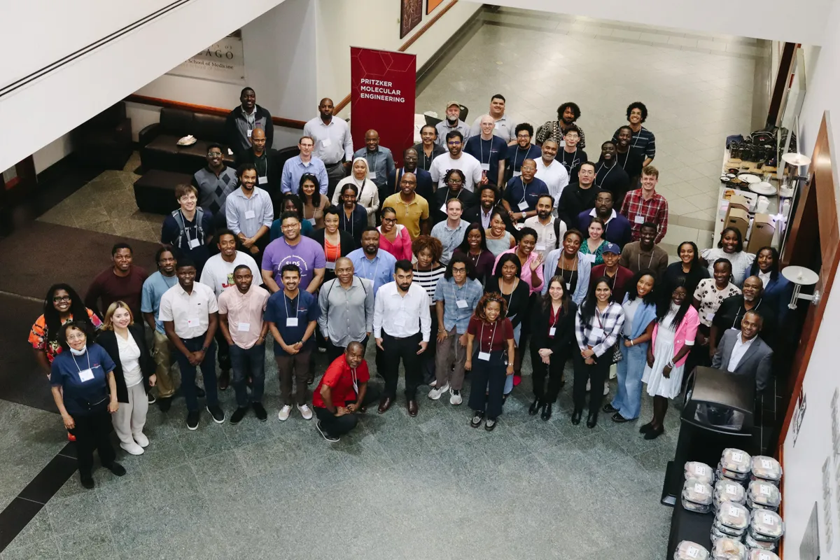 Overhead shot of a group of scientists