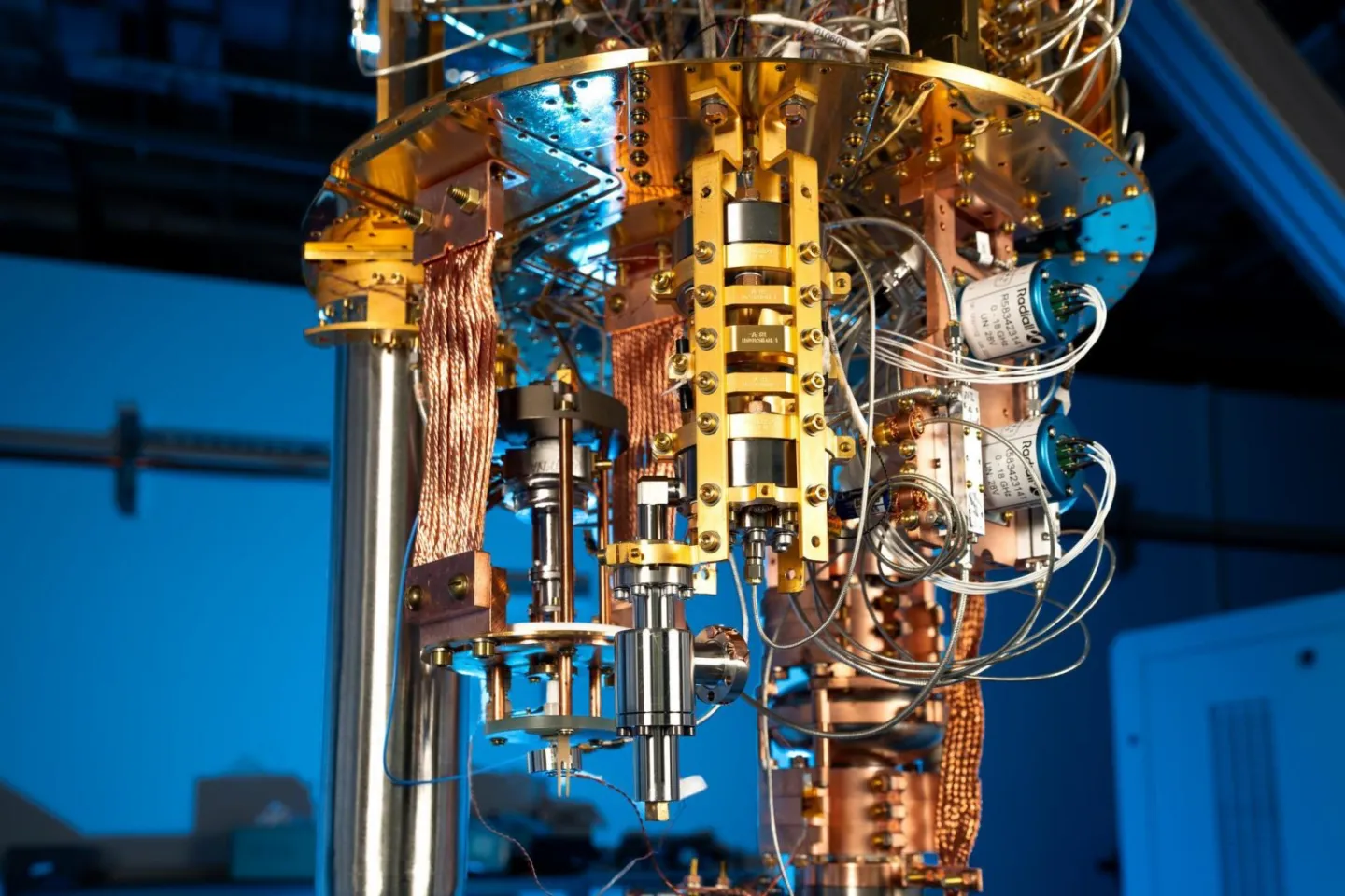 A dilution refrigerator in the SQMS Center’s Quantum Garage at Fermilab